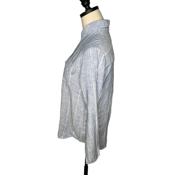 Ellen Tracy S Long Sleeve 100% LINEN Button Up Shirt Blouse Blue White - Picture 2 of 5